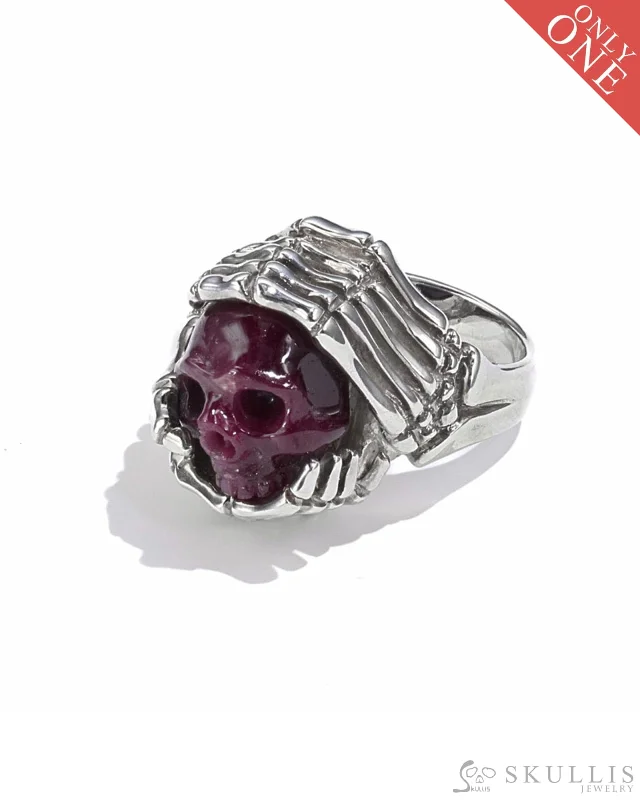 promise rings for couples -Gem Skull Ring of Ruby Carved Skull with Skeletal Hands in 925 Sterling Silver, US Size 6.5 - 9500087