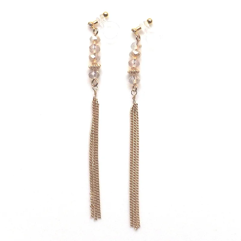 modern earrings for women -Ivory beads with tassel invisible clip on earrings