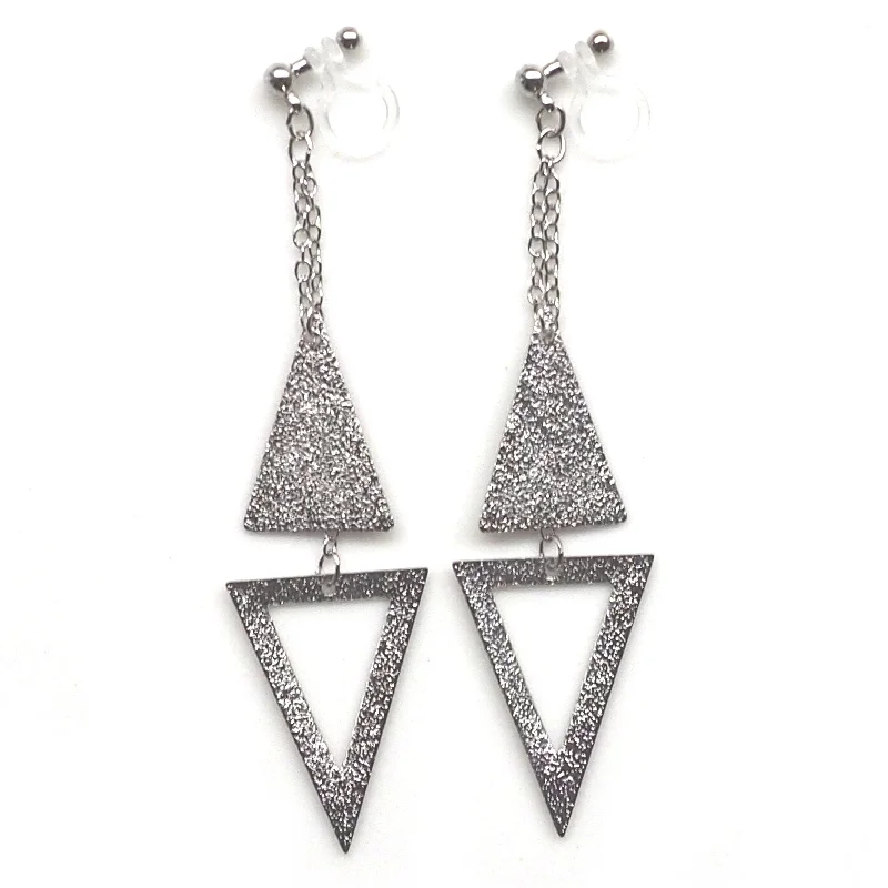 dangling pearl earrings for women -Metallic silver double triangle invisible clip on earrings