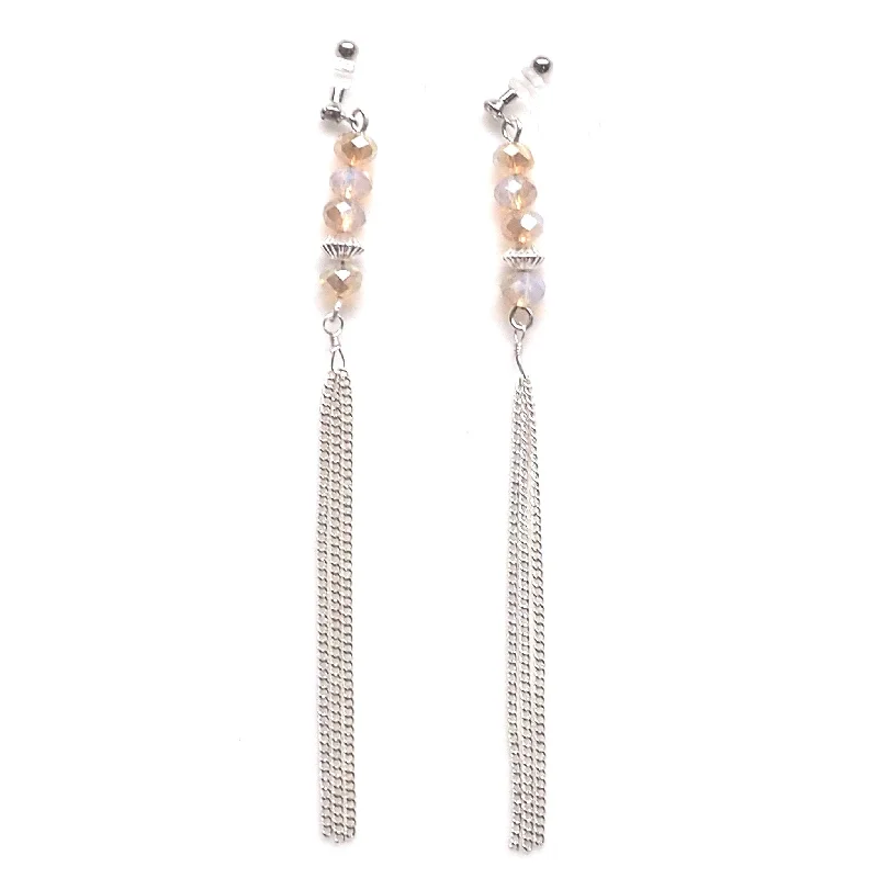 simple stud earrings for women -Ivory beads with silver tassel invisible clip on earrings