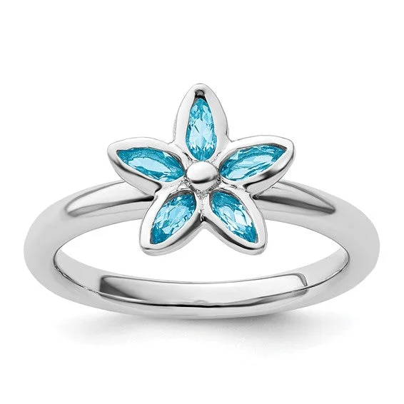 dainty necklaces for women -Sterling Silver Stackable Expressions Blue Topaz Flower Ring