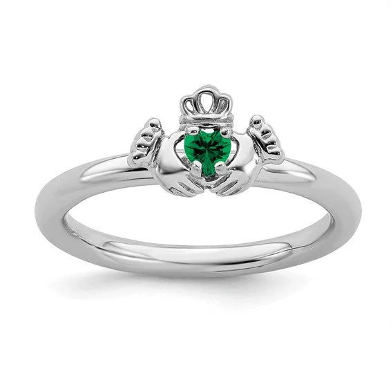 pearl necklaces for women -Sterling Silver Stackable Expressions Created Emerald Claddagh Ring