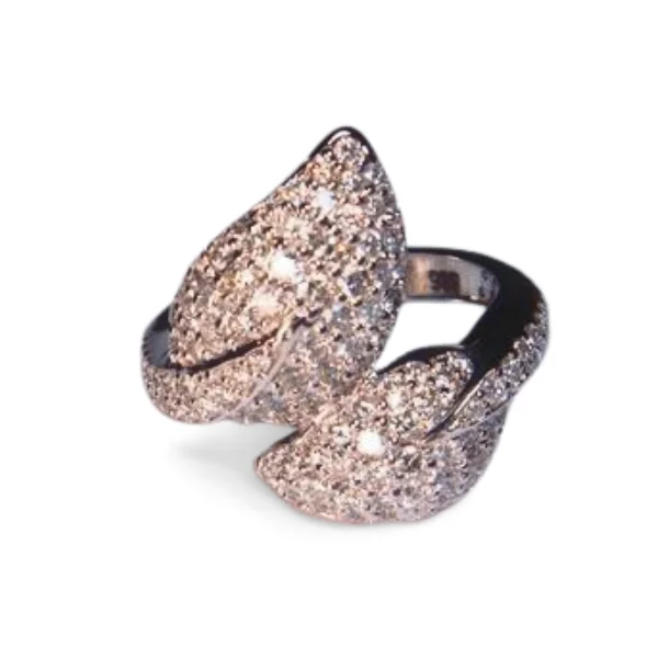 trendy rings for women -Stunning 14K White Gold Diamond Designer Leaf Ring Band