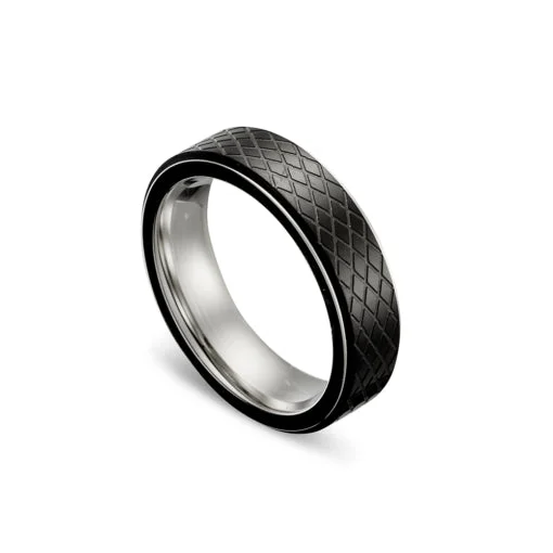 classic wedding rings for women -Stainless Steel Men's Ring - Black Crosshatch