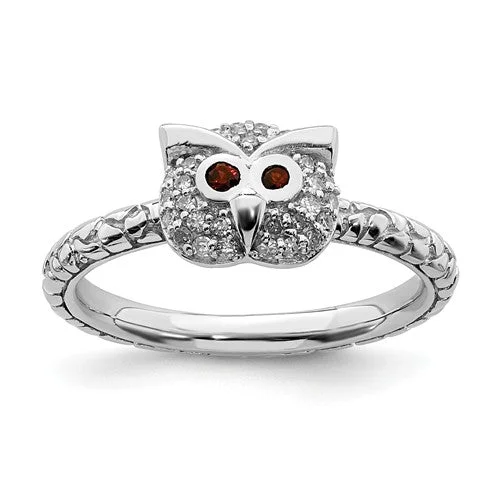 trendy chain necklaces for women -Sterling Silver Stackable Expressions Garnet & Diamond Owl Ring