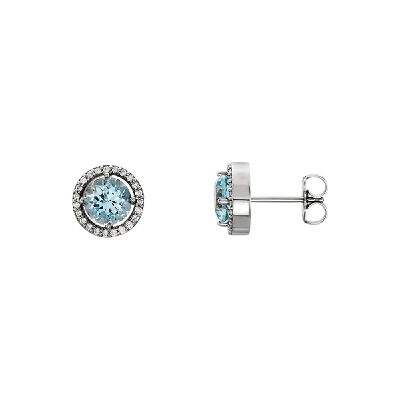 sterling silver earrings for women -9mm Halo Style Aquamarine & Diamond Earrings in 14k White Gold