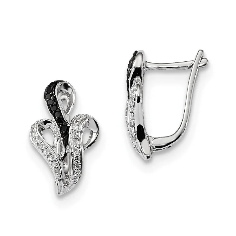 dangling pearl earrings for women -Black & White Diamond Scroll Omega Back Earrings in Sterling Silver