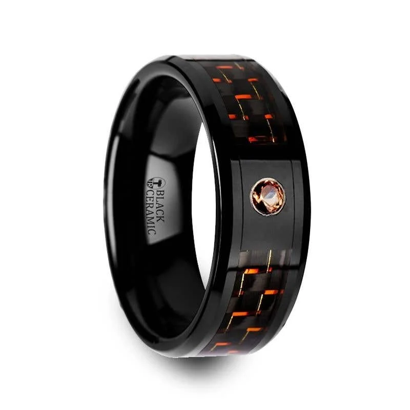 zodiac necklaces for women -Thorsten HELSING Black Ceramic Ring Black Orange Carbon Fiber Padparadscha Sapphire Setting - 8mm