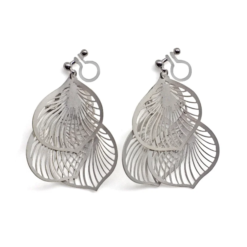 personalized hoop earrings for women -Dangle silver three leaf filigree invisible clip on earrings