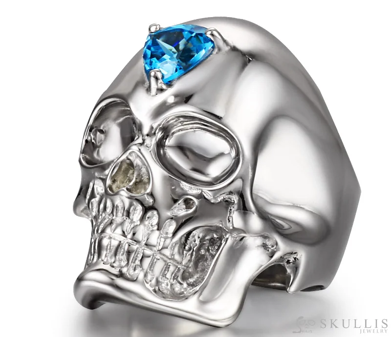 minimalist rings for women -Skull Ring of Rhodium Plated 925 Sterling Silver with Sky Blue Topaz