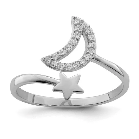 heart-shaped necklaces for women -Sterling Silver CZ Moon And Star Ring