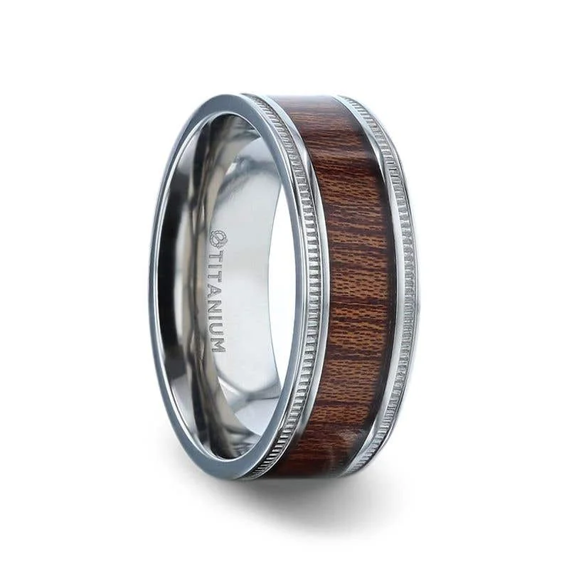 simple gold necklaces for women -Thorsten MOCHA Koa Wood Inlaid Titanium Men's Wedding Ring With Polished Milgrain Edges - 8mm