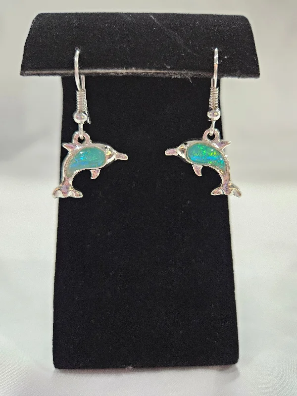 long drop earrings for women -Silver With Green Stone Dolphin Earrings