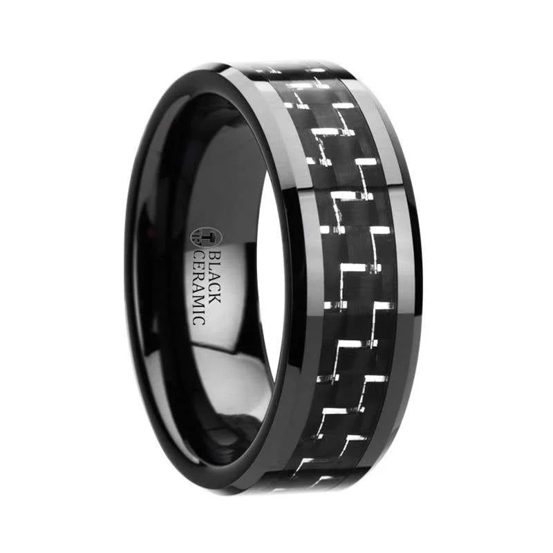 dazzling necklaces for women -Thorsten TITAN Black Beveled Ceramic Ring with Silver & Black Carbon Fiber Inlay - 8mm