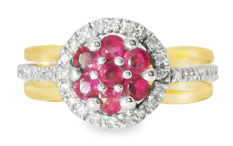 luxury rings for women -Beautiful Estate 14K 2-Tone Two-Tone Gold Ruby Diamond Floral Ring Band