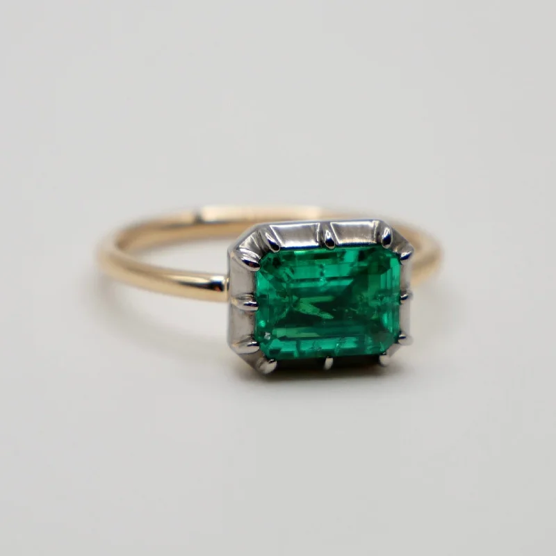 custom diamond rings for women -Georgian Victorian Emerald Cut Emerald Button Back Collet Ring