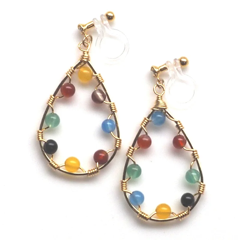 silver stud earrings for women -Multi color agate invisible clip on earrings