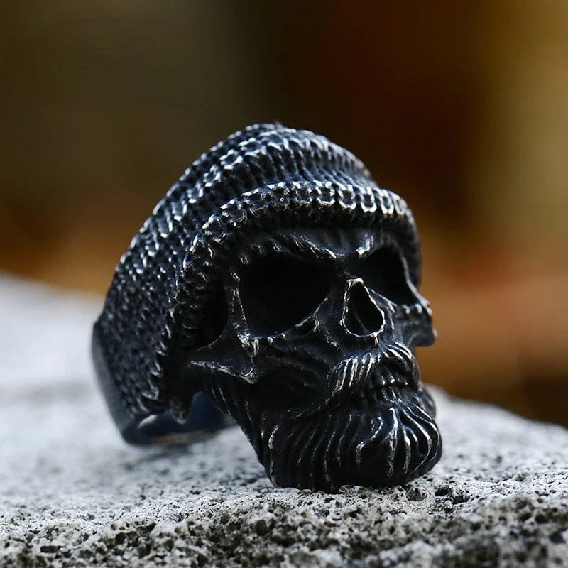 bohemian engagement rings -Men's Punk Bearded Skull Ring