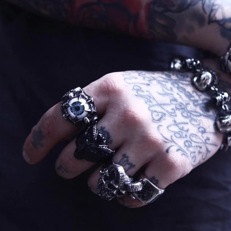 antique-style rings for women -Men's Punk Ghost Rider Eyeball Skull Rings