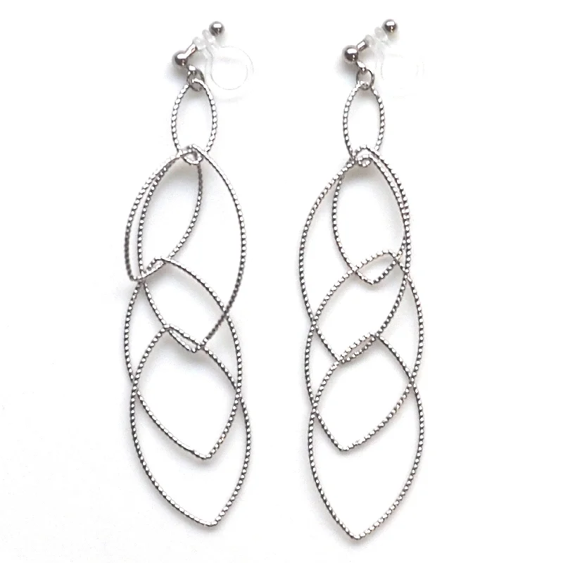 glamorous earrings for women -Dangle silver marquise hoop invisible clip on earrings