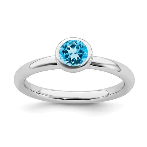 luxurious necklaces for women -Sterling Silver Stackable Expressions Low 5mm Round Blue Topaz Ring