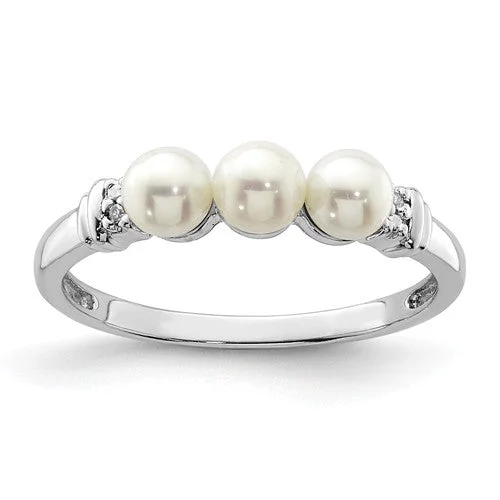 timeless necklaces for women -Sterling Silver Diamond And 3 Freshwater Cultured Pearl Ring