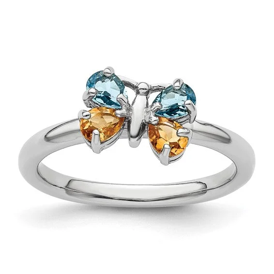 bridesmaid necklaces for women -Sterling Silver Stackable Expressions Blue Topaz & Citrine Butterfly Ring