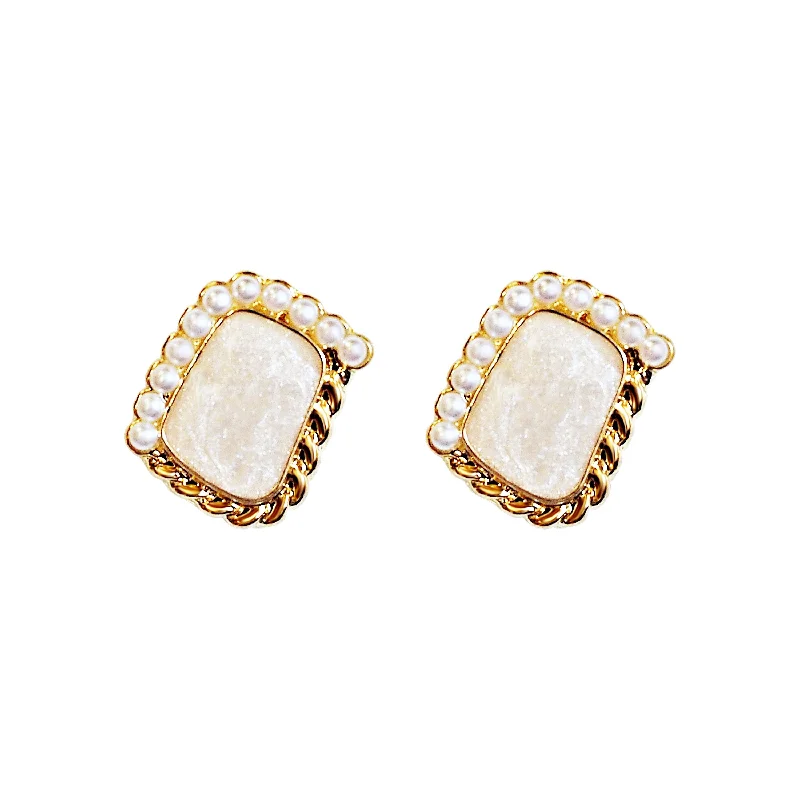 contemporary earrings for women -Organic Shaled Square White Pearl Crystal Rhienstone Invisible Clip On Earrings