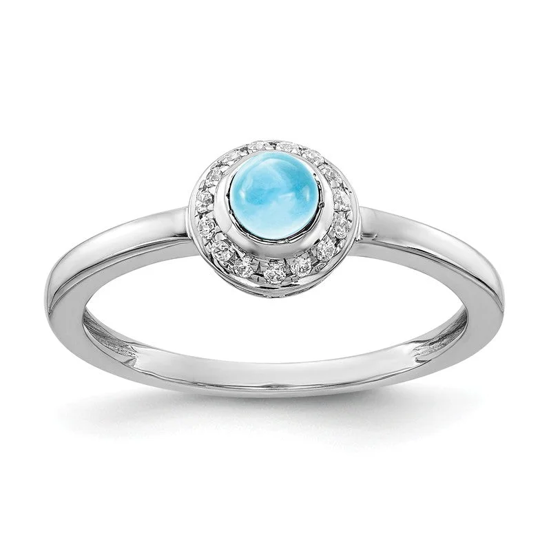 silver chain necklaces for women -14k White Gold Diamond Halo And Round Swiss Blue Topaz Cabochon Ring