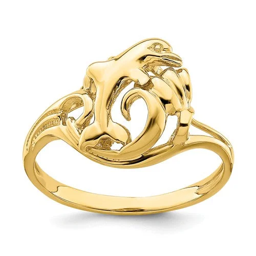 adjustable necklaces for women -14k Yellow Gold Dolphin Jumping In Wave Ring