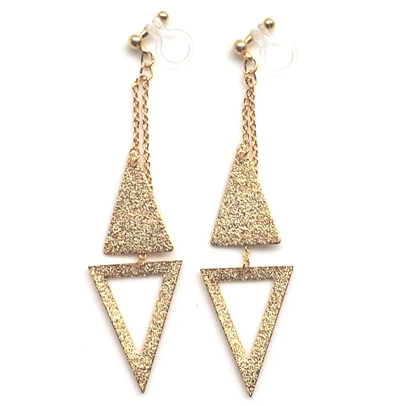 silver stud earrings for women -Metallic gold double triangle invisible clip on earrings