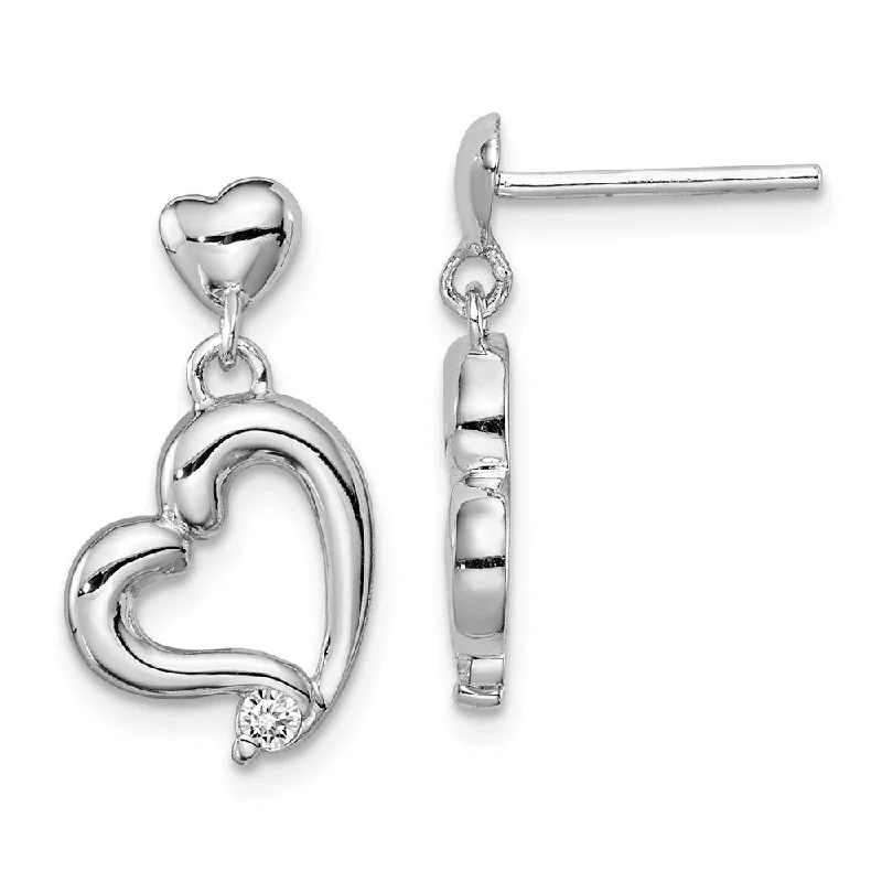 large hoop earrings for women -Polished CZ Accent Heart Dangle Post Earrings in Sterling Silver