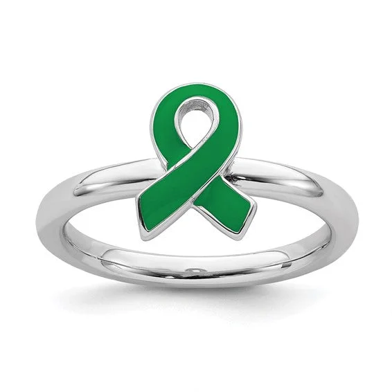 delicate chain necklaces for women -Sterling Silver Stackable Expressions Green Enameled Awareness Ribbon Ring