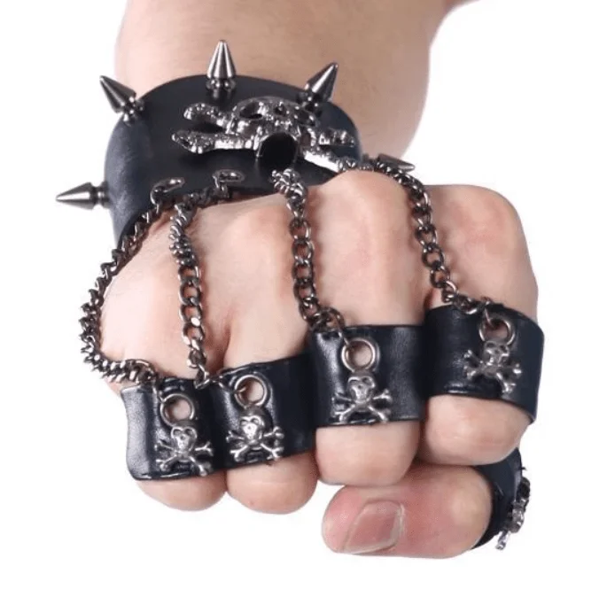 fashion rings for women -Men's Black Skull Metal Chain Gloves With Removable Finger Rings