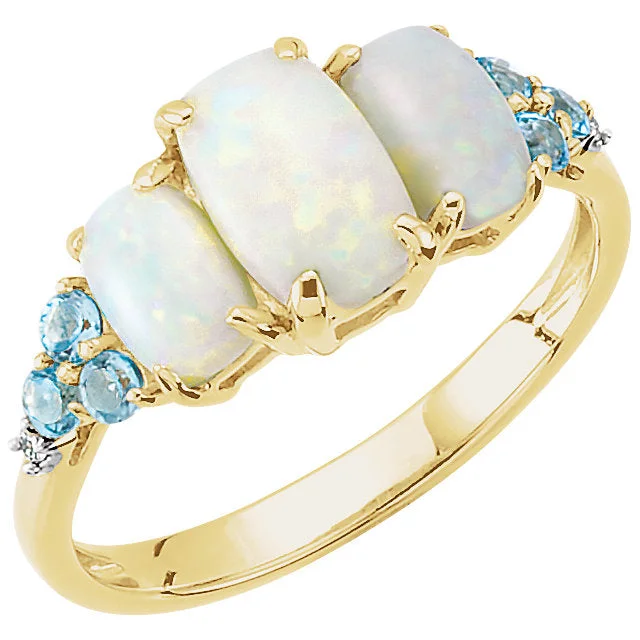 classic diamond necklaces for women -14k Yellow Gold Genuine Opal, Swiss Blue Topaz & Diamond Ring