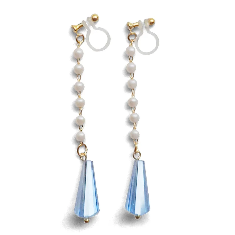 sparkling earrings for women -Dangle white pearl with triangle blue crystal invisible clip on earrings