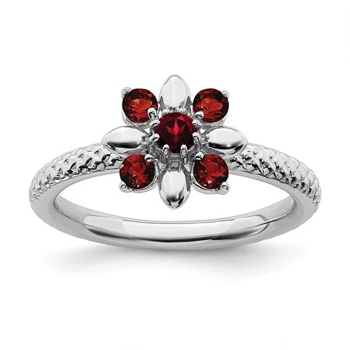 emerald necklaces for women -Sterling Silver Stackable Expressions Garnet Flower Ring