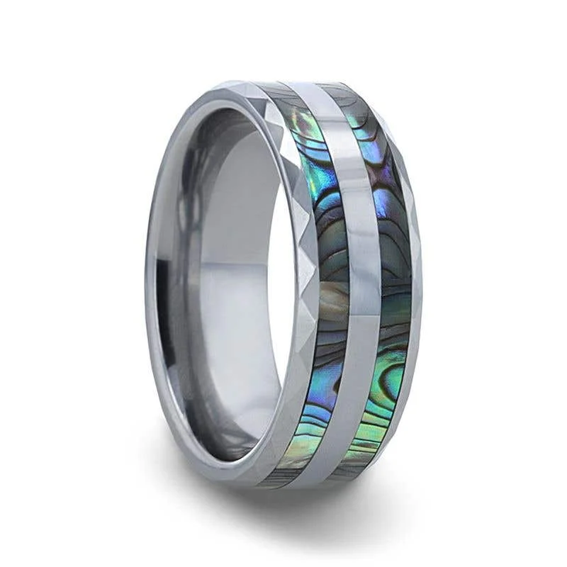 luxury necklaces for women -Thorsten PAUA Double Abalone Shell Inlay Faceted Tungsten Ring With Beveled Polished Edges - 8mm