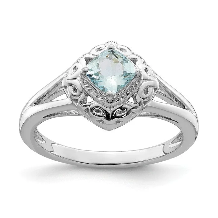 timeless necklaces for women -Sterling Silver Genuine Aquamarine Square Cushion Filigree Ring