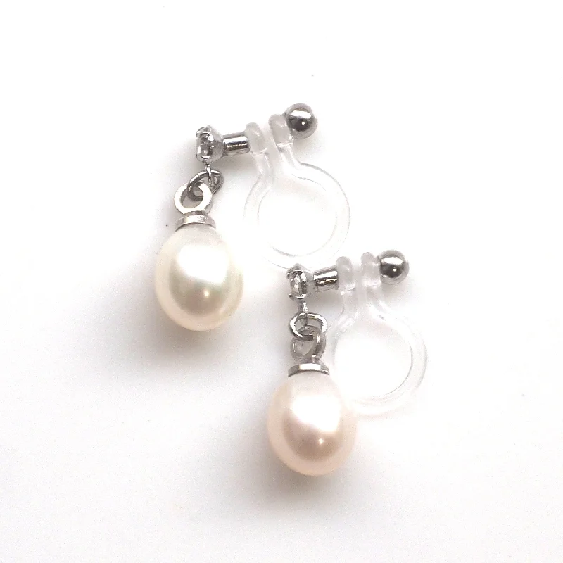 bridal drop earrings for women -White freshwater pearl invisible clip on earrings