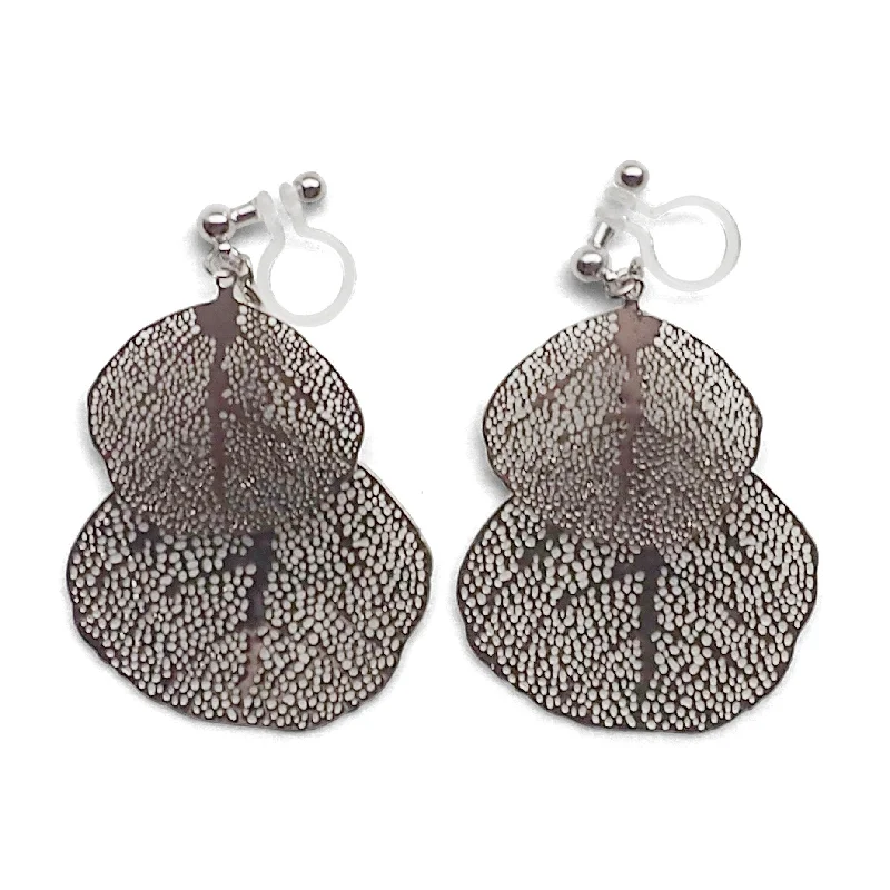 statement crystal earrings for women -Silver two leaf filigree invisible clip on earrings