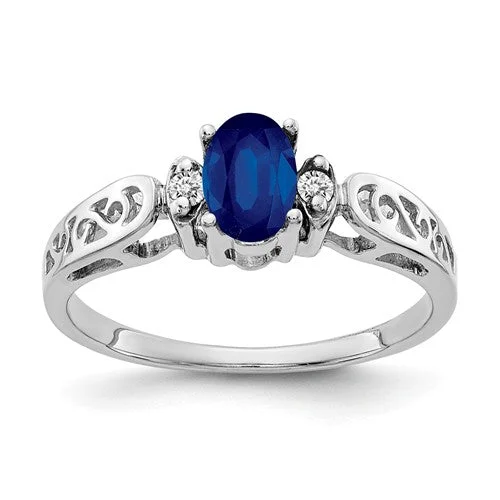 dainty necklaces for women -14k White Gold 6x4mm Oval Blue Sapphire and Diamond Filigree Side Ring