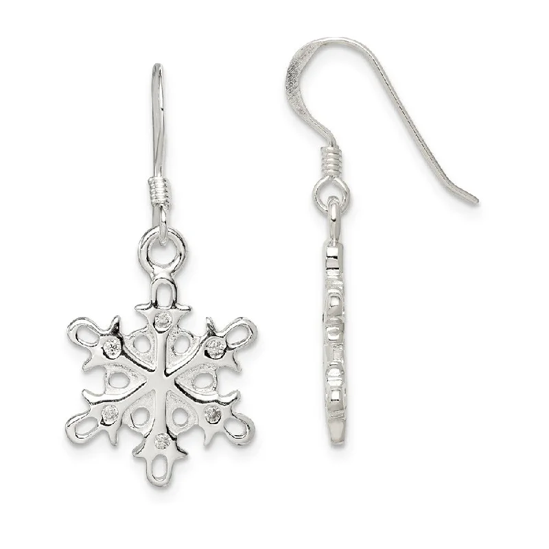 silver earrings for women -Sterling Silver Polished and Satin CZ Snowflake Dangle Earrings