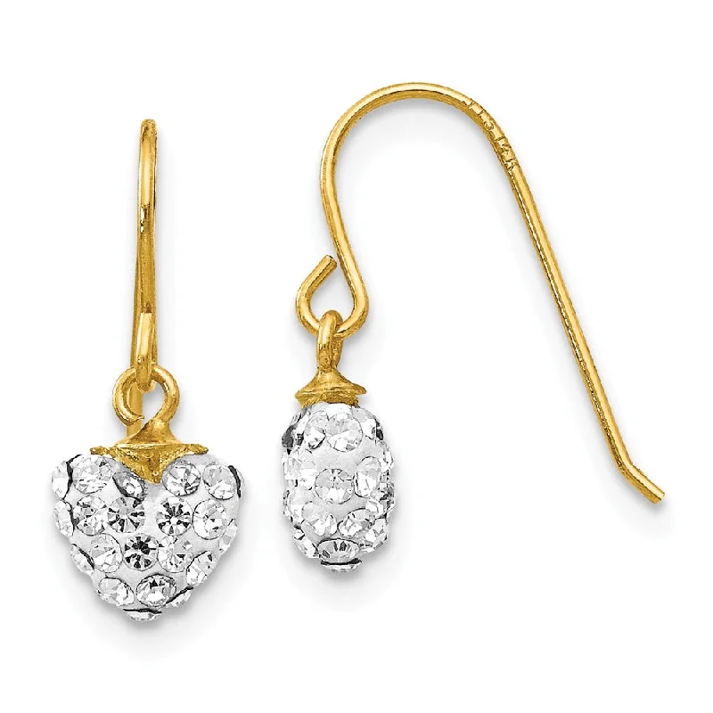 art deco earrings for women -14k Yellow Gold Crystal Heart Dangle Earrings