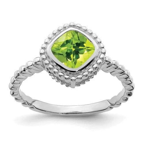 simple chain necklaces for women -10k or 14k White Gold Cushion Peridot Bezel Set Beaded Design Ring