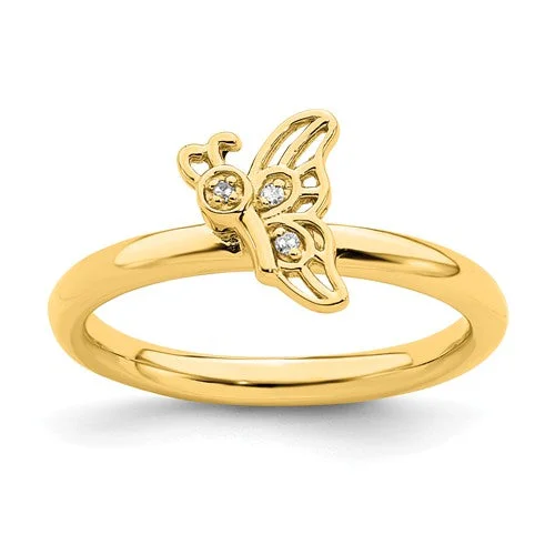 elegant charm necklaces for women -Yellow Gold Plated Sterling Silver Stackable Expressions Diamond Butterfly Ring