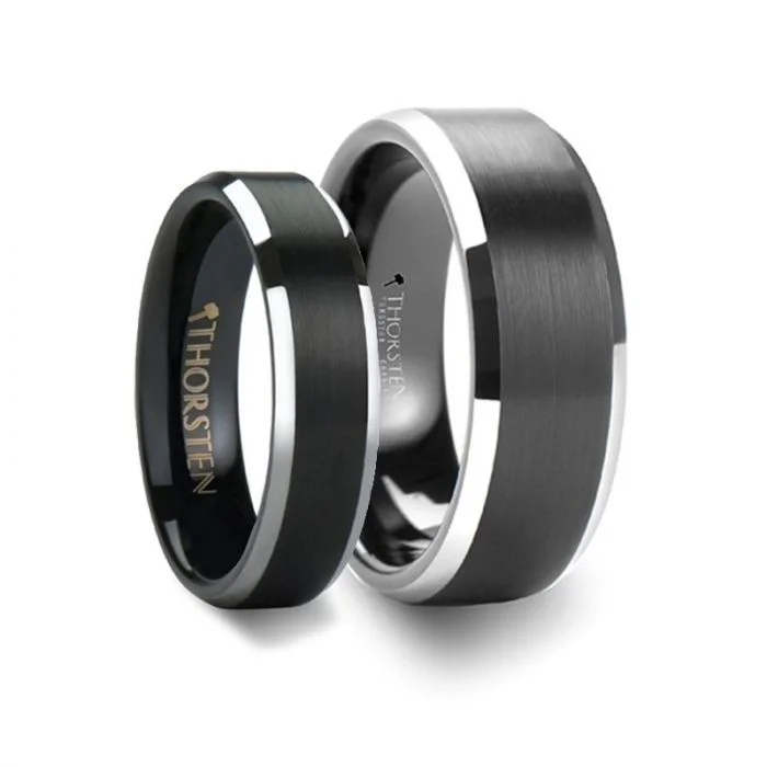 high-end necklaces for women -Thorsten ASTON Black Brushed Center Tungsten Ring with Polished Beveled Edges - 4mm - 10mm