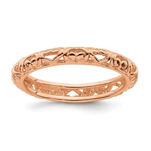 eco-friendly necklaces for women -Sterling Silver Stackable Expressions Rose Gold Plated Carved Hearts Ring