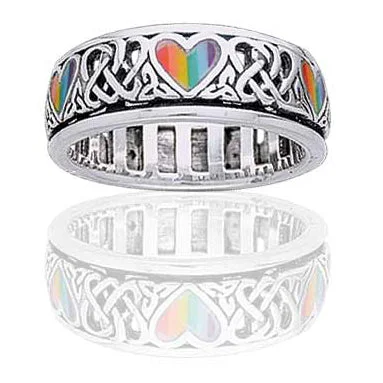 bohemian engagement rings -Sterling Silver Celtic Knot and Rainbow Peace Heart Spinning Ring