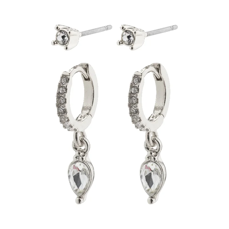 bold silver earrings for women -ELZA crystal earrings 2-in-1 set silver-plated